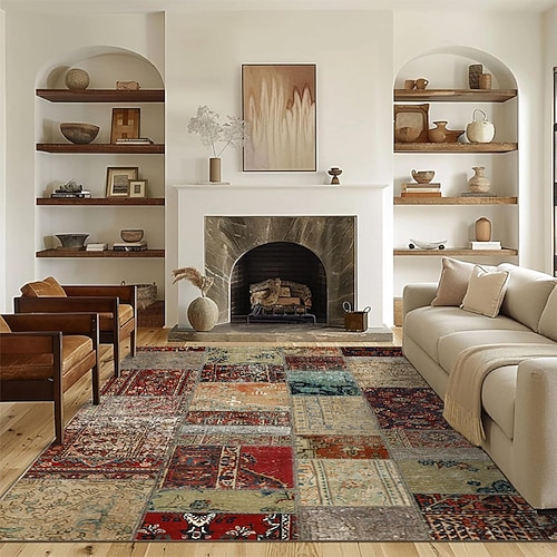 Vintage-Patchwork-Teppich, weicher Stoff, Imitationsteppich, stilvolles Wohnzimmerdekor, Boutique-Laden-Fußmatte, Heim-, Arbeits-, Balkon-Akzentteppich, strapazierfähig, pflegeleicht Image