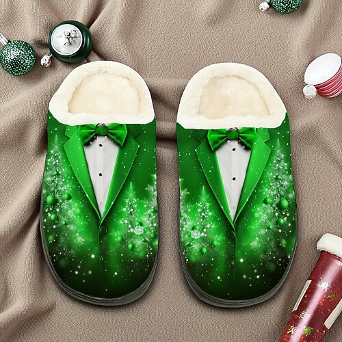 Weihnachtspantoffeln für Herren – festliches Design mit roter Fliege, warme Fleece-Hausschuhe, gemütliche Hausschuhe für Winter und Weihnachten Image