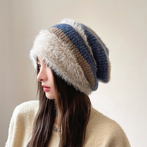 Lässige Beanie im Herbst-Winter-Stil für Damen mit flauschigen Ohrenschützern, Strickmütze, modischer, warmer Mütze, niedlicher, gesichtsschlankmachender Kopfbedeckung, auch für Schwangere geeignet Image