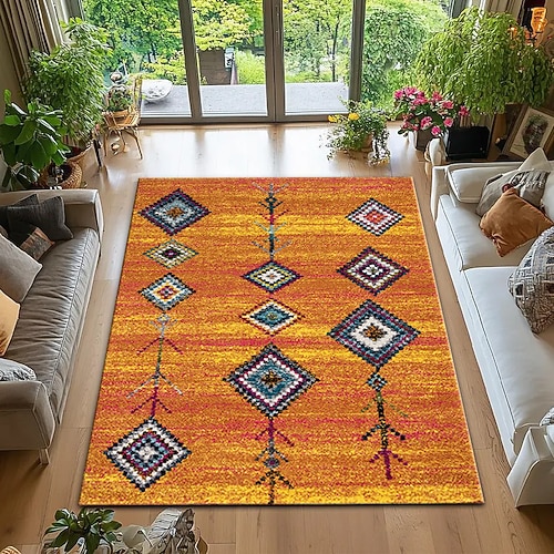 Teppich im Bohème- und Ethno-Stil, amerikanischer Landhausstil, Wohnzimmerteppich mit vollflächigem Design, strapazierfähig, fleckenabweisend, Muster für Schlafzimmer und Wohnaccessoires Image