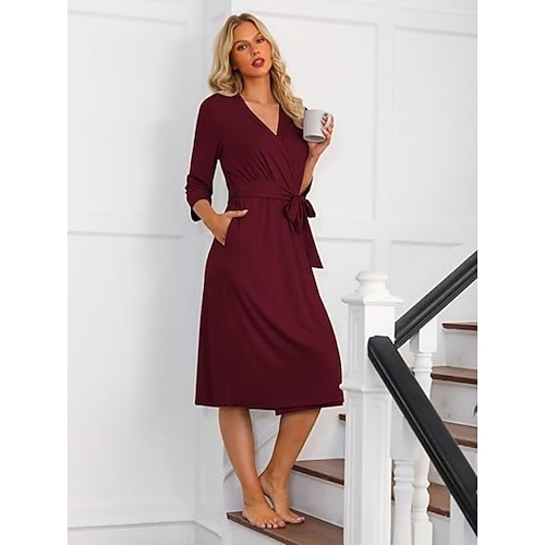 Vintatre Damen-Kimono-Bademantel, langer Strick-Bademantel, leichte, weiche Strick-Nachtwäsche, V-Ausschnitt, lässige Damen-Loungewear Image