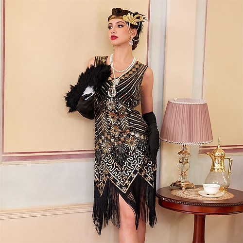 Goldene Zwanziger 1920er Knielang Flapper Kleid Ärmellos Der große Gatsby Pailletten Fransen V Ausschnitt Kostüm Damen Weihnachten Karneval Maskerade Retro-Mottoparty Charleston-Tanz Erwachsene Kleid Image