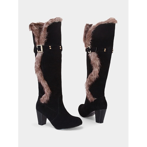 Grüne kniehohe Wildlederstiefel für Damen mit Kunstpelzbesatz – Schnallendetail, Blockabsatz, kuschelig und stylisch für Winter, Freizeit und Outdoor-Aktivitäten Image