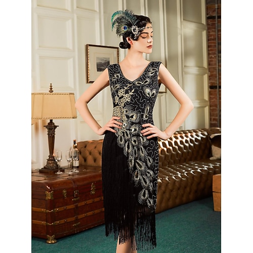 Set Goldene Zwanziger 1920er Retro Vintage Knielang Flapper Kleid Outfits Zubehörset mit Zubehör Ärmellos Der große Gatsby Hochzeitsgast Pailletten Quastenfransen Pailletten Quaste V Ausschnitt Kostüm Image