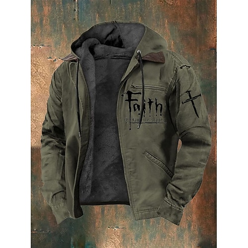 Herren Vollreißverschluss-Kapuzensweatshirt Fleecejacke Fleece Kapuzensweatshirt Schwarz Armeegrün Mit Kapuze Kreuz Glaube Tasche Druck Lässig Täglich Sport Polyester Streetwear Retro Lässig Herbst Image
