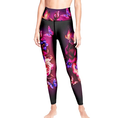 Damen Yogahose Po-Lifting Bauchkontrolle Hohe Taille Fitnesstraining Laufen Fitness Kurze Leggings Blumenmuster Gelb Rot Blau Herbst Sport Sportkleidung Hohe Elastizität Image