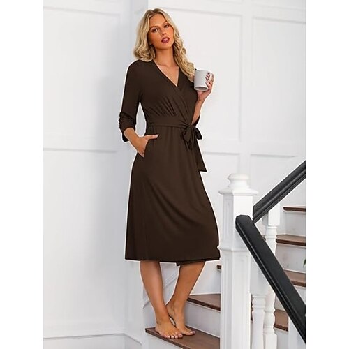 Vintatre Damen-Kimono-Bademantel, langer Strick-Bademantel, leichte, weiche Strick-Nachtwäsche, V-Ausschnitt, lässige Damen-Loungewear Image