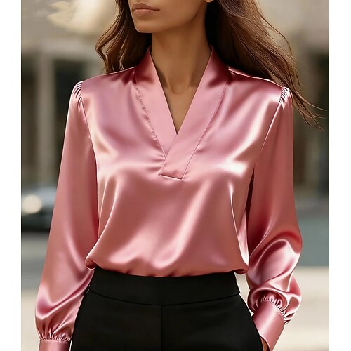 Damen Hemd Elegant Satin-Top Bluse Täglich V Ausschnitt Normale Oberteile Schwarz Weiß Rosa Khaki Herbst Image