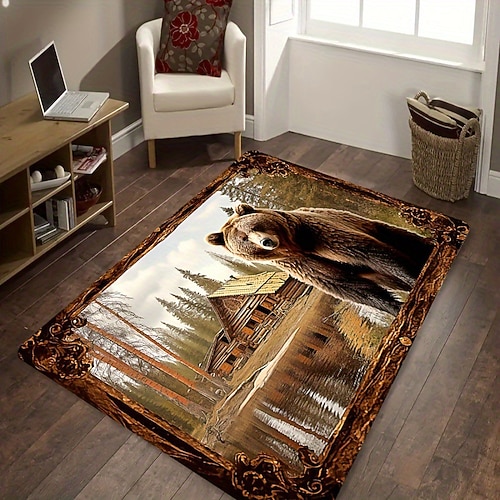 Teppich im amerikanischen Landhausstil, rustikales Vintage-Design mit Bärenmuster, strapazierfähig und fleckenabweisend, für Wohnzimmer, Schlafzimmer, Hütten- und Heimdekoration Image