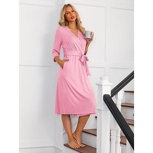 Vintatre Damen-Kimono-Bademantel, langer Strick-Bademantel, leichte, weiche Strick-Nachtwäsche, V-Ausschnitt, lässige Damen-Loungewear Image