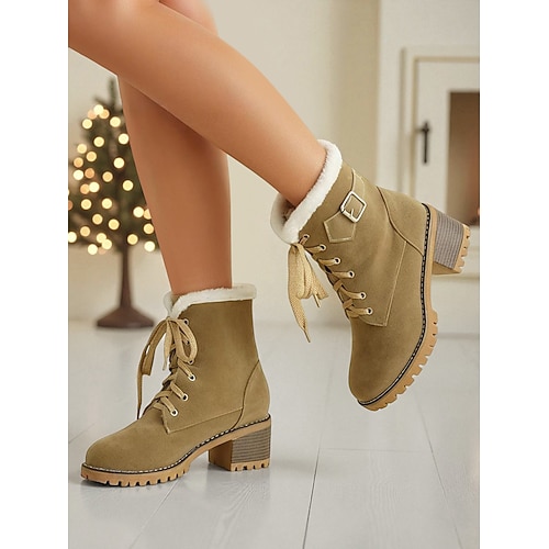 Hellbraune, fleecegefütterte Winterstiefeletten für Damen – warme, robuste Schneestiefeletten mit Blockabsatz, rutschfeste Outdoor-Schuhe für Arbeit, Reisen, Shopping und kaltes Wetter Image
