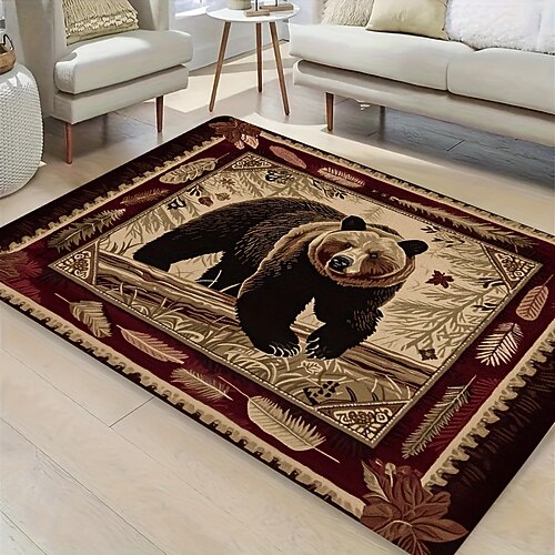 Teppich im amerikanischen Landhausstil, rustikales Vintage-Design mit Bärenmuster, strapazierfähig und fleckenabweisend, für Wohnzimmer, Schlafzimmer, Hütten- und Heimdekoration Image