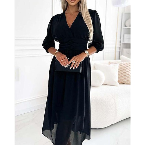 Damen Midikleid schwarzes kleid Freizeitkleid Elegant Mode Modern Täglich Ausgehen Wochenende Normale Passform Einfach Dreiviertelarm V Ausschnitt Blau Schwarz Grün Frühling Herbst Image