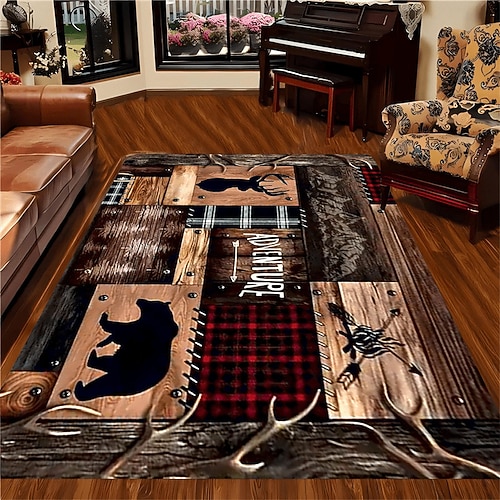 Teppich im amerikanischen Landhausstil, rustikales Vintage-Design mit Bärenmuster, strapazierfähig und fleckenabweisend, für Wohnzimmer, Schlafzimmer, Hütten- und Heimdekoration Image