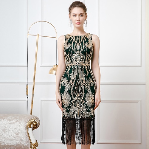 Goldene Zwanziger 1920er Bodenlang Kleid Abendkleid Partykostüm Ärmellos Der große Gatsby Pailletten Schlauchkleid V Ausschnitt Kostüm Damen Weihnachten Neujahr Abendgesellschaft Party Hochzeit Image