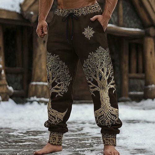 Herren Totem Wikinger Baum des Lebens Jogginghose Hose Mittlere Taille Kordelzug Elastischer Bund Vintage-Retro Outdoor Campen und Wandern Jagd Sportliche Jogginghose mit Taschen Herbst Winter Image