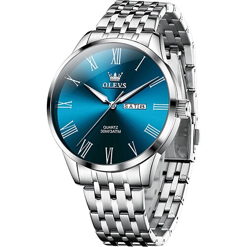Die neue Olevs Herren-Businessuhr verfügt über eine Leuchtanzeige für Datum und Wochentag mit römischen Ziffern, ein Quarzwerk mit Stahlarmband und ist eine lässige, modische und wasserdichte Image
