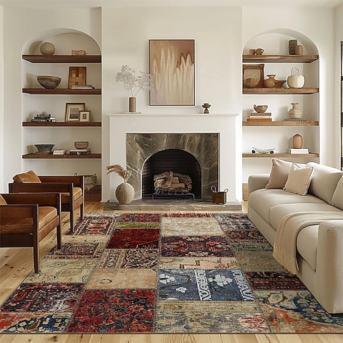 Vintage-Patchwork-Teppich, weicher Stoff, Imitationsteppich, stilvolles Wohnzimmerdekor, Boutique-Laden-Fußmatte, Heim-, Arbeits-, Balkon-Akzentteppich, strapazierfähig, pflegeleicht Image