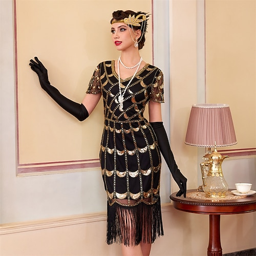 Goldene Zwanziger 1920er Knielang Flapper Kleid Kurze Ärmel Der große Gatsby Pailletten Fransen V Ausschnitt Kostüm Damen Weihnachten Karneval Maskerade Retro-Mottoparty Charleston-Tanz Erwachsene Image
