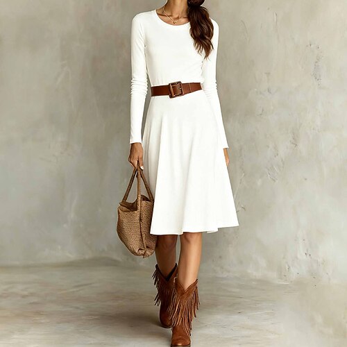 Damen Langes Kleid Maxikleid schwarzes kleid Freizeitkleid Elegant Mode Modern Täglich Ausgehen Wochenende Normale Passform Einfach Langarm Rundhalsausschnitt Schwarz Weiß Wein Braun Frühling Herbst Image