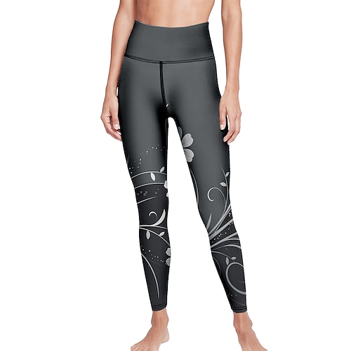 Damen Yogahose Po-Lifting Bauchkontrolle Hohe Taille Fitnesstraining Laufen Fitness Kurze Leggings Blumenmuster Dunkelgrau Herbst Sport Sportkleidung Hohe Elastizität Image