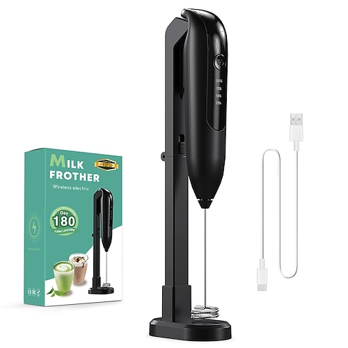 Elektrischer Handmilchaufschäumer, wiederaufladbar, 3 Aufsätze, 3 Geschwindigkeitsstufen, tragbarer Getränkeaufschäumer aus Edelstahl mit LED-Digitalanzeige für Milchkaffee, Latte Macchiato, Image