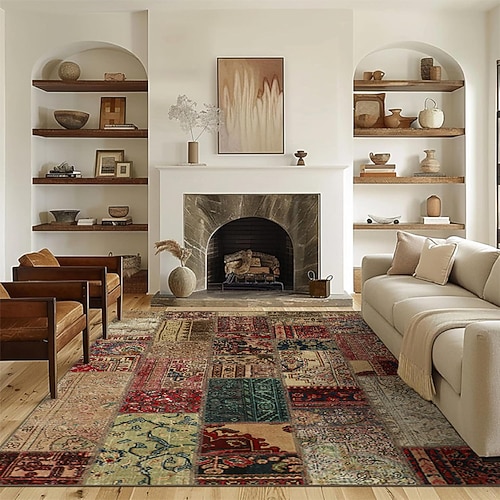 Vintage-Patchwork-Teppich, weicher Stoff, Imitationsteppich, stilvolles Wohnzimmerdekor, Boutique-Laden-Fußmatte, Heim-, Arbeits-, Balkon-Akzentteppich, strapazierfähig, pflegeleicht Image