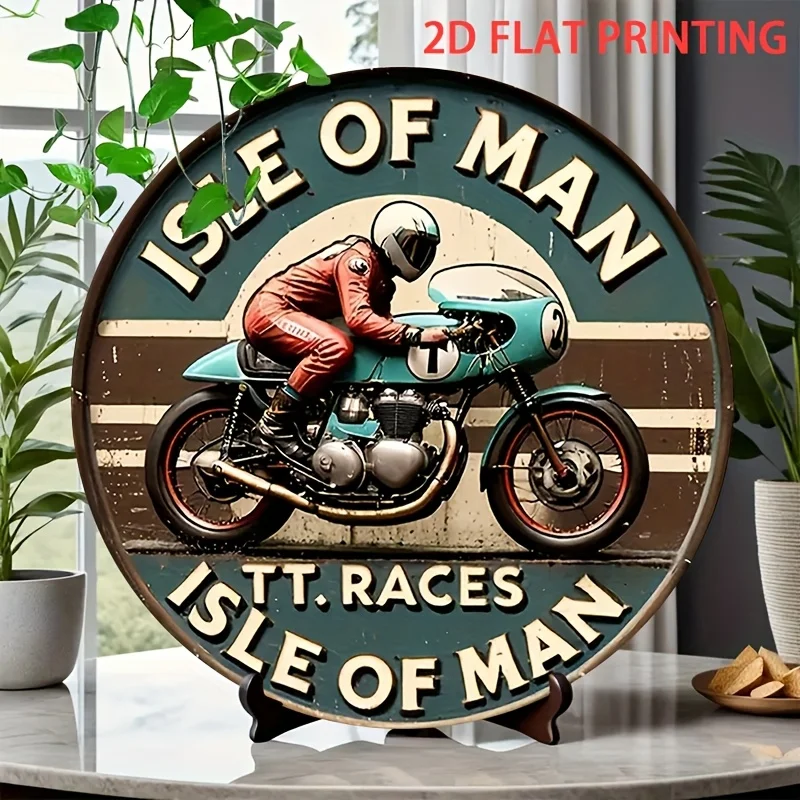 2D flach, 1 Stück „Isle of for Man Racing History“, rundes Blechschild – 20,32 x 20,32 cm, Vintage-Wanddekoration aus Eisen mit vorgebohrten Löchern, links