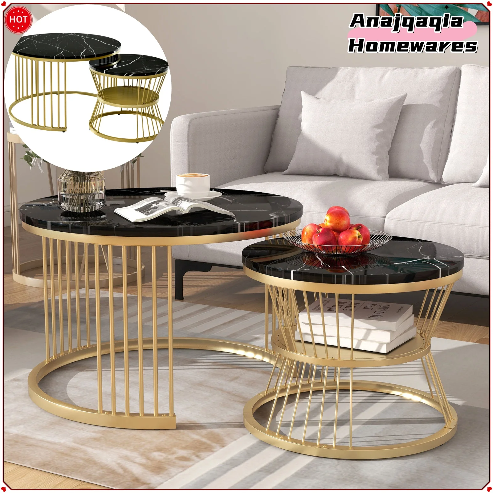 Anajqaqia Moderner Satztisch, Couchtisch-Set, Marmorfurnier, Sofa, Beistelltische, runde Beistelltische, 2er-Set, Schwarz