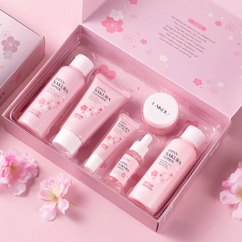Laikou 6 pièces/ensemble Sakura ensembles de soins de la peau nettoyant pour le visage crèmes pour les yeux hydratants crème pour le visage sérum Lotion Toner Kit de soins du visage