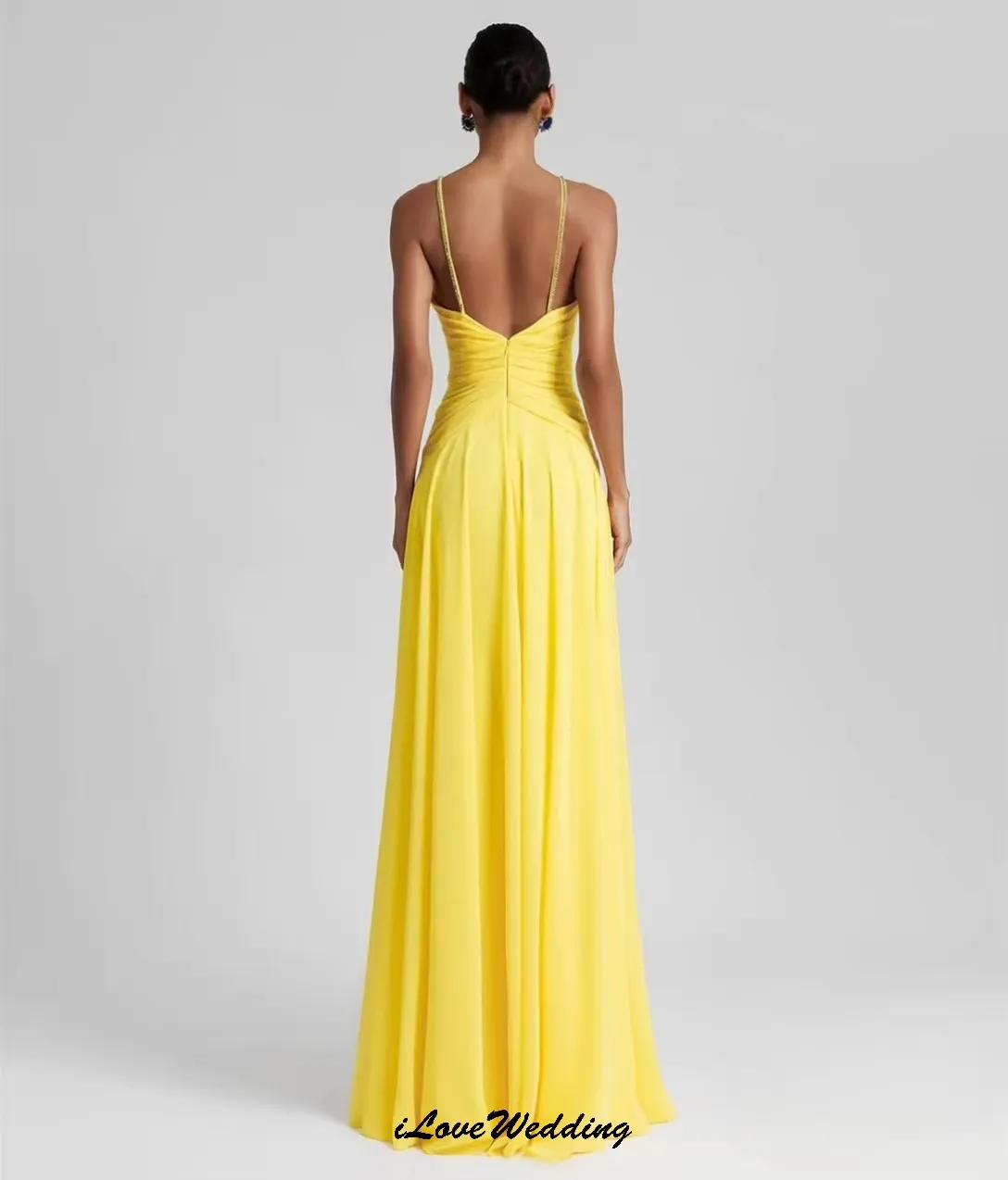 Elegantes gelbes Chiffon-Abschlussballkleid, Partykleid für Damen, gerüscht, O-Ausschnitt, formelle, ärmellose Abendkleider, überkreuzt, individuell gestaltet