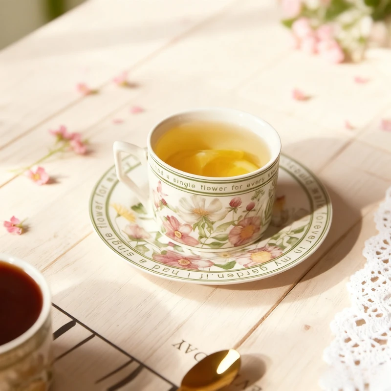 Keramiktasse im französischen Retro-Stil, Blumenmuster, exquisite Kaffeetasse und Untertasse, romantisches Geschenk, Nachmittagskamelien-Teetasse Image