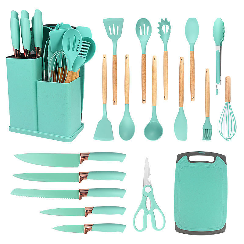 A 19-piece kitchen cookware and knife set with building blocks, including an 11-piece silicone cookware set, 5 sharp stainless steel chef's knives, mixing tongs, and a cutting board
