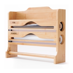 Relaxdays Wandrollenhalter 3 in 1, für Küchenrolle, Alufolie, Frischhaltefolie, Bambus, HxBxT: 27 x 35 x 9 cm, natur Image