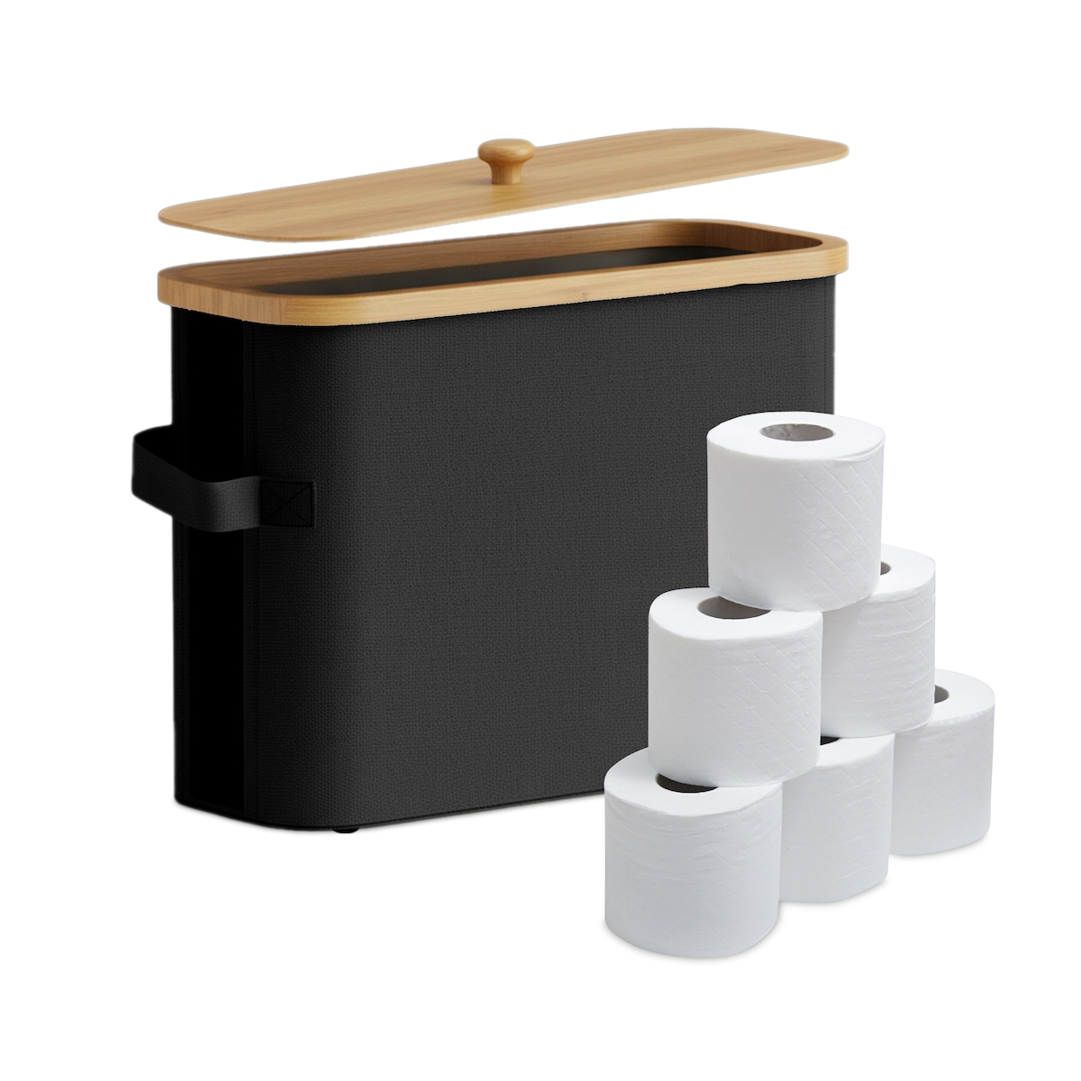 Relaxdays Toilettenpapier Aufbewahrung, 12 Rollen, HBT: 33 x 45 x 16 cm, Stoff, Bambus, Klopapier Korb, Vorrat, schwarz Image