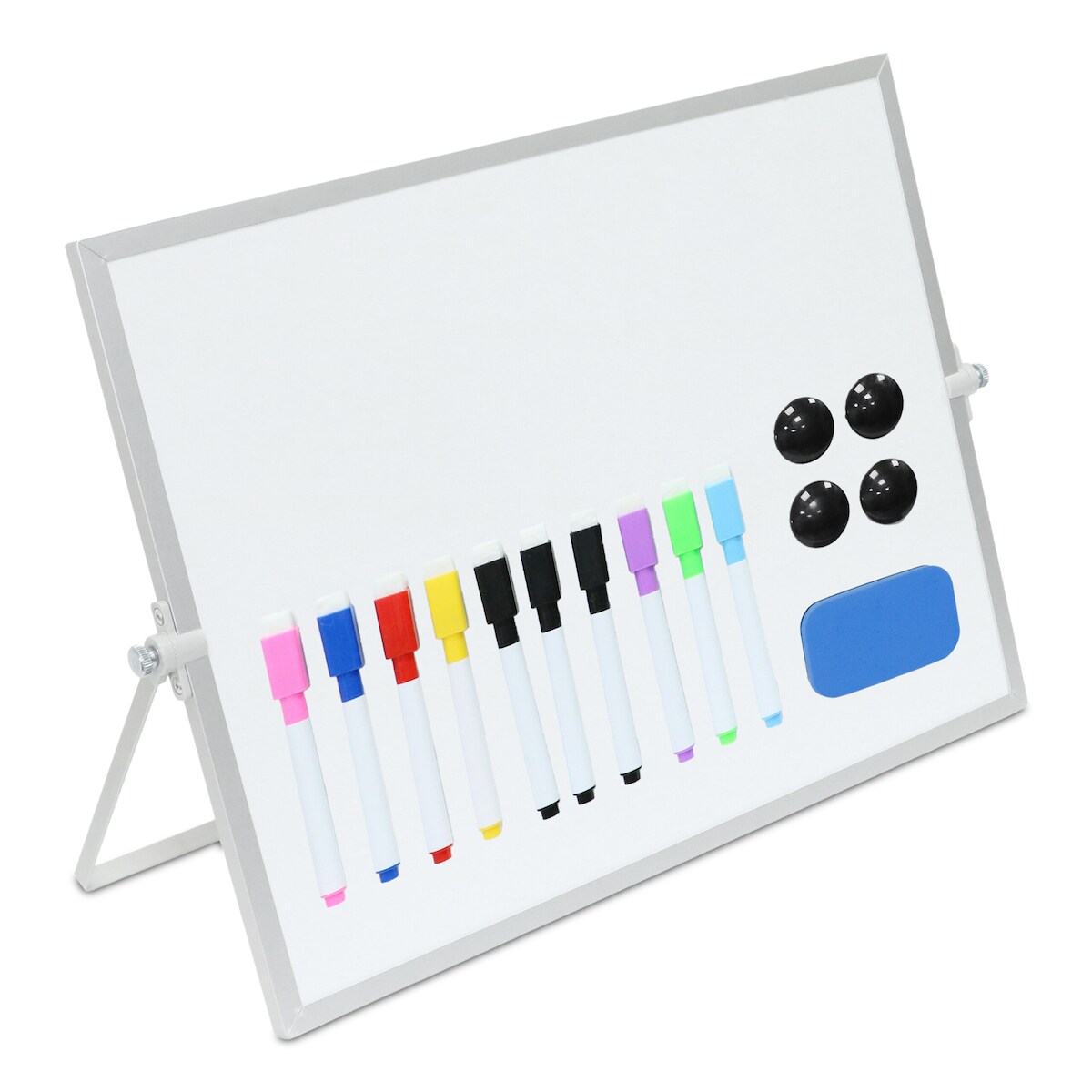 Relaxdays Whiteboard Tisch, 30x40 cm, magnetisch, 360° drehbar, mit Stiften, Magneten, Schwamm, Magnettafel, weiß/silber Image