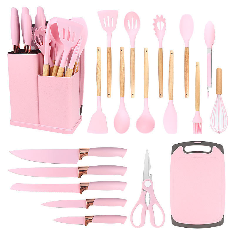 A 19-piece kitchen cookware and knife set with building blocks, including an 11-piece silicone cookware set, 5 sharp stainless steel chef's knives, mixing tongs, and a cutting board