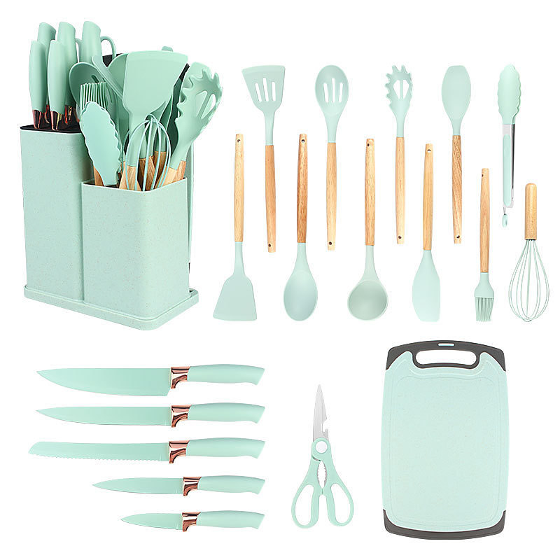 A 19-piece kitchen cookware and knife set with building blocks, including an 11-piece silicone cookware set, 5 sharp stainless steel chef's knives, mixing tongs, and a cutting board