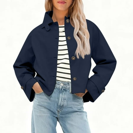 EOYWHK Cropped Jackets for Women Short Trench Coat Lightweight Bomber Jacket Button Down Lapel Motorcycle Jackets