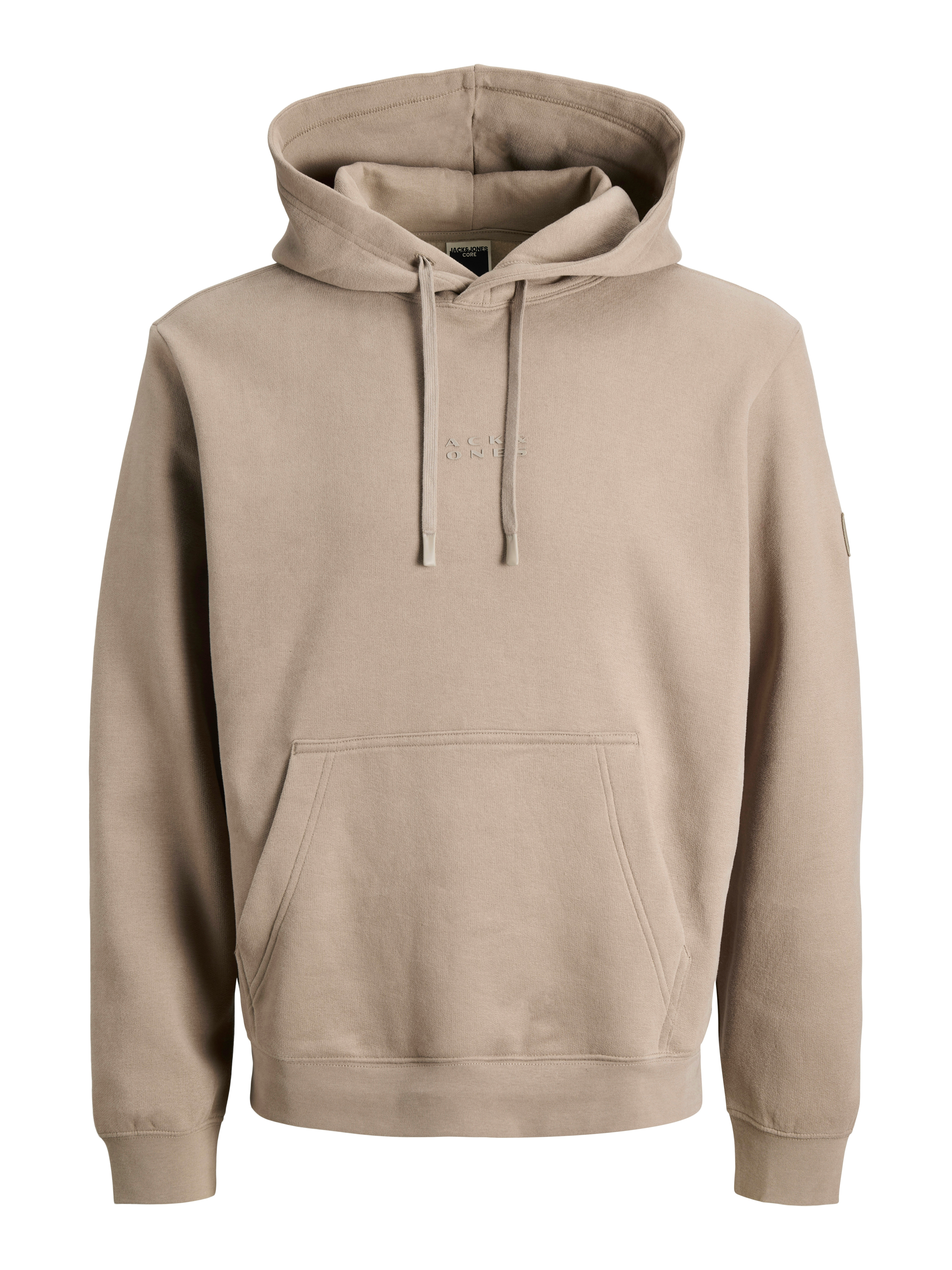 Kapuzensweatshirt JACK & JONES "JCOPOINT SWEAT BADGE HOOD BF", Herren, Gr. S, desert taupe print:jj, angeraute Sweatware, Obermaterial: 72% Baumwolle, 28% Polyester, unifarben, relaxed fit, Rippbündchen, Sweatshirts