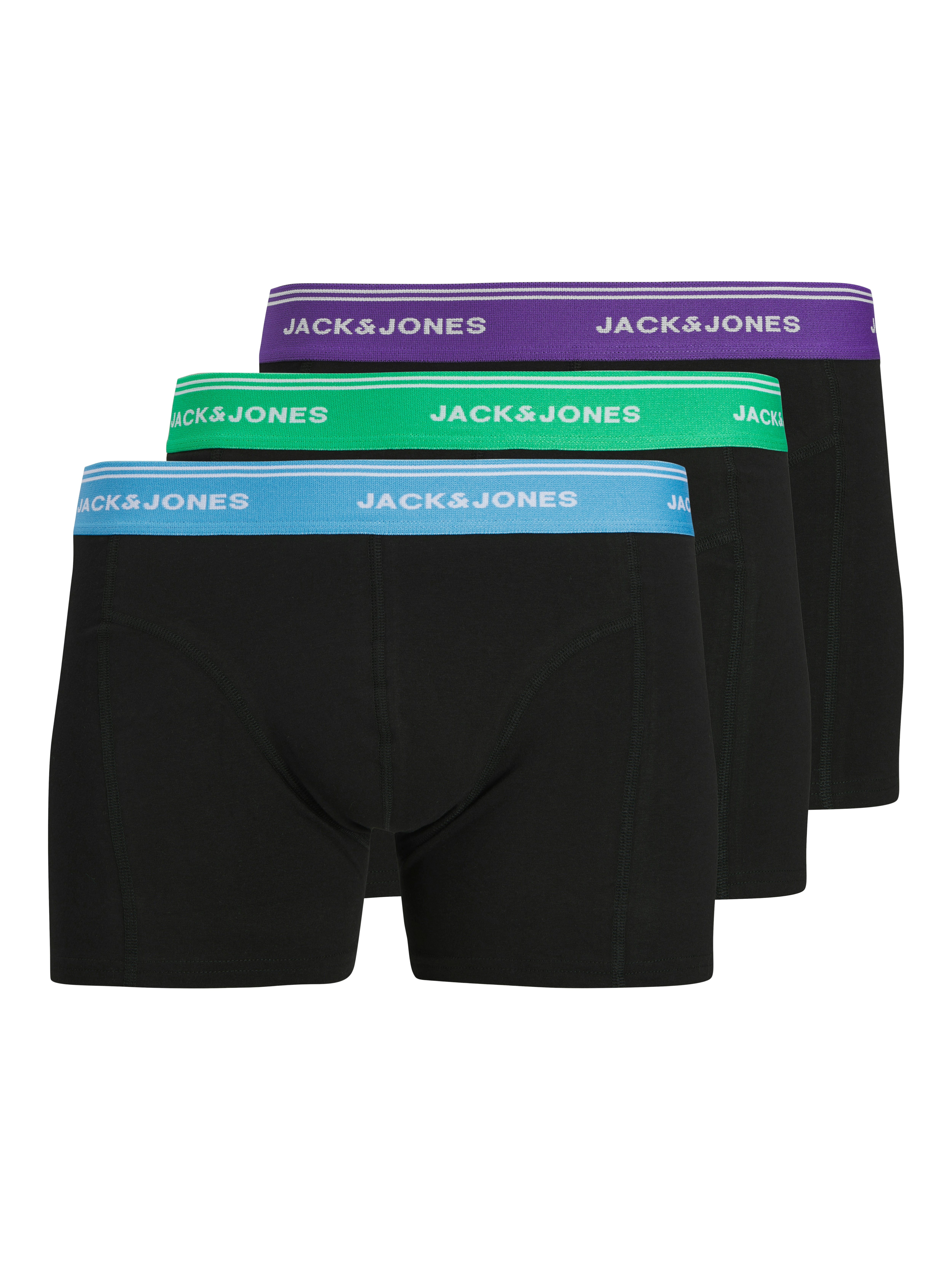 Trunk JACK & JONES "JACDAWSON SOLID TRUNKS 3 PACK", Damen, Gr. XXL, 3 Stk., schwarz pack:with holly grün, schwarz with azure blau, schwarz with ultra violet, Jersey, Obermaterial: 95% Baumwolle, 5% Elasthan, unifarben mit Farbeinsatz, bequem,... Image