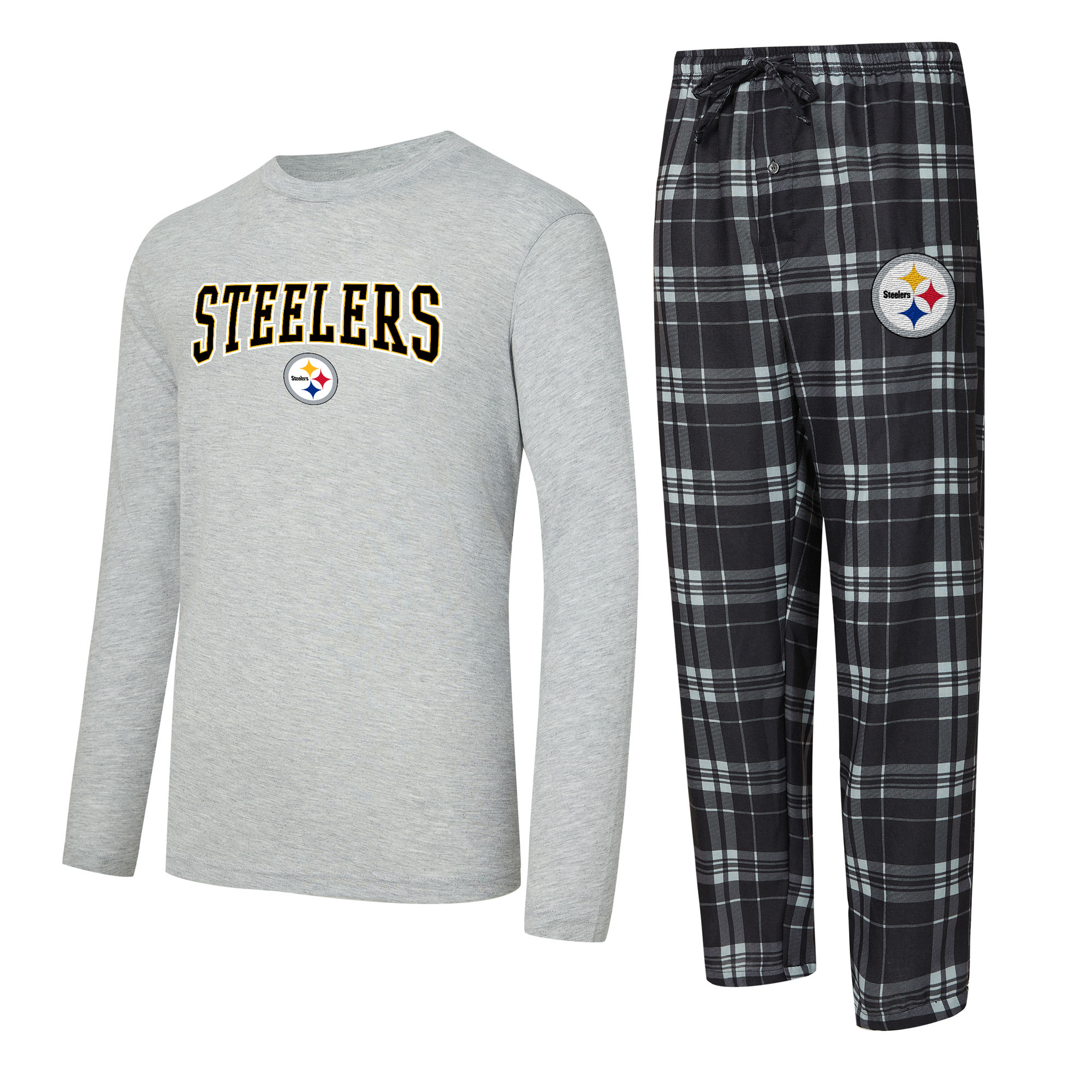 Concepts Sport Herren-Langarmshirt und karierte Hose mit Pittsburgh Steelers-Logo in Schwarz/Heather Gray Image