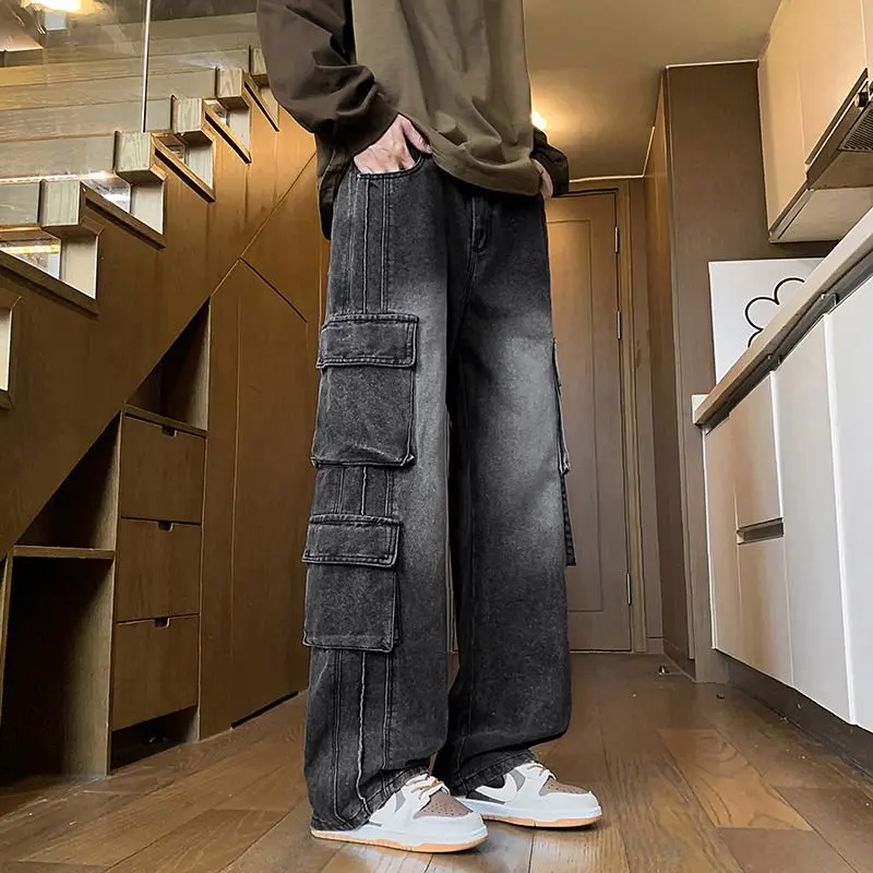 2025 Autunno Nuovi Jeans larghi da uomo Multi-tasche Jeans da lavoro Street Hip-hop Pantaloni dritti a gamba larga Pantaloni da ballo larghi