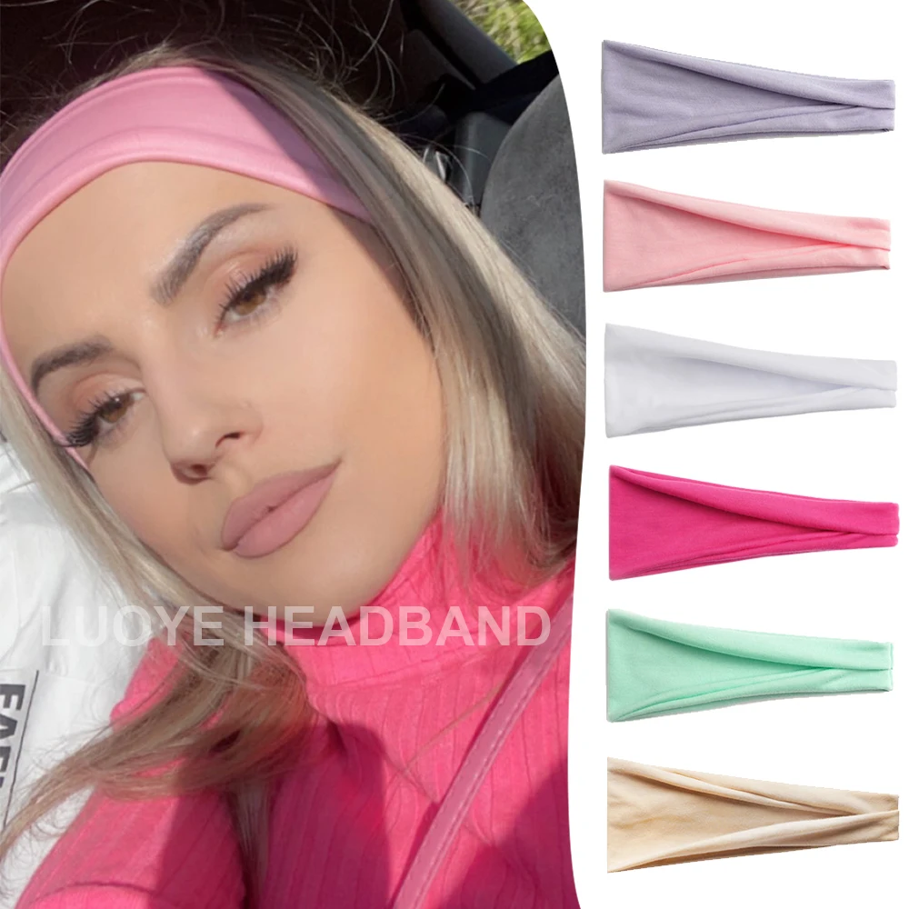 Frauen Einfarbig Breite Elastische Stirnband Einstellbar Baumwolle Sport Yoga Haarband Mode Turban Make-Up Haar Hoop Haar Zubehör Image