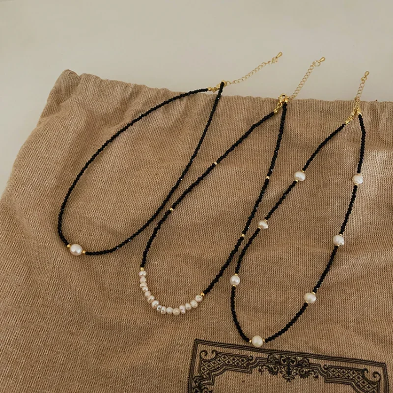 Minar Fantasy 3 Designs unregelmäßige Süßwasserperlen-Strang-Choker-Halsketten für Frauen, schwarze Kristallperlen-Halskette, Geschenk Image