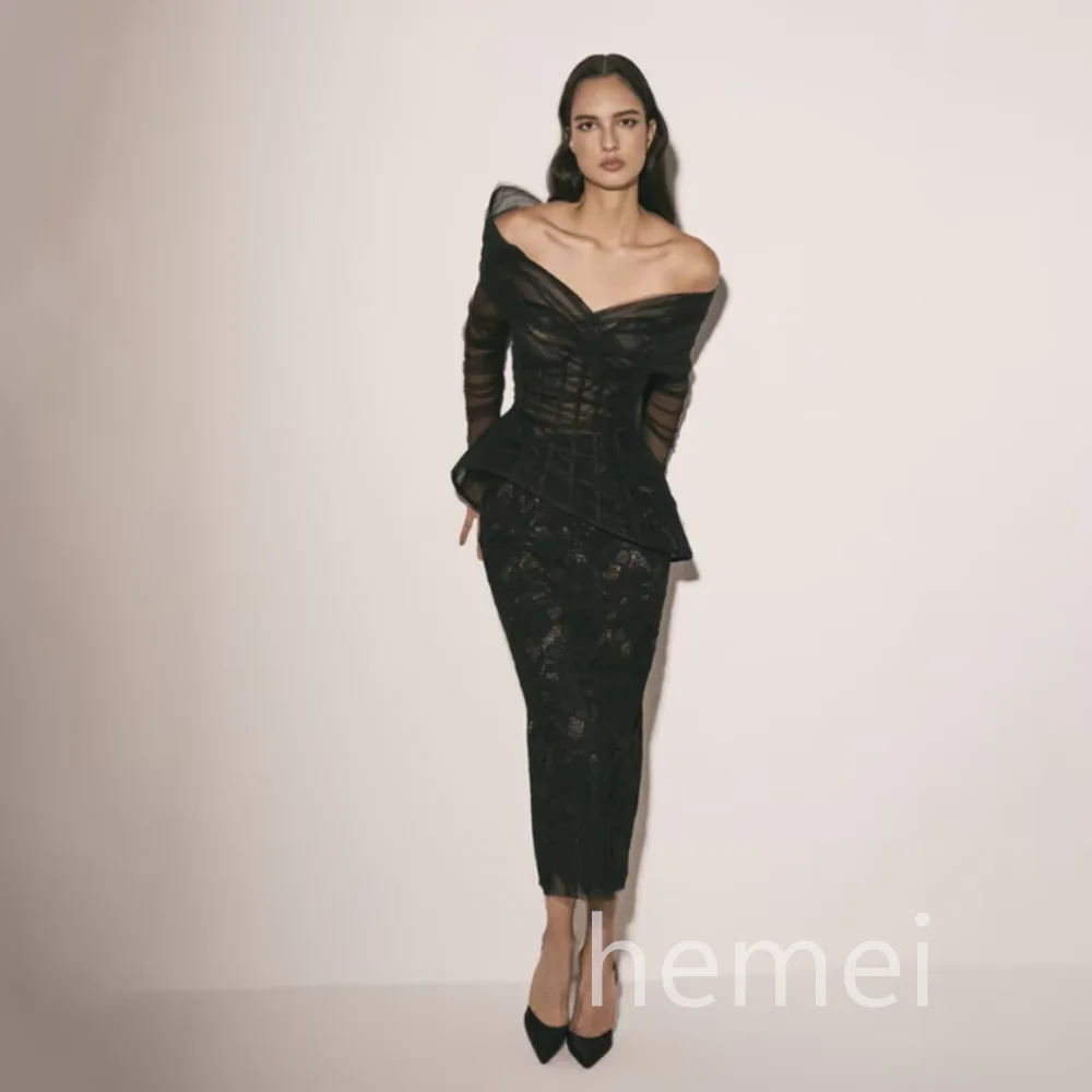 Sexy Abendkleid aus Spitze, maßgeschneidert, mit V-Ausschnitt, Etui-Stil, schwarze Ballkleider, mittelhohes Partykleid, lange Ärmel, فسات Mohamedة Image