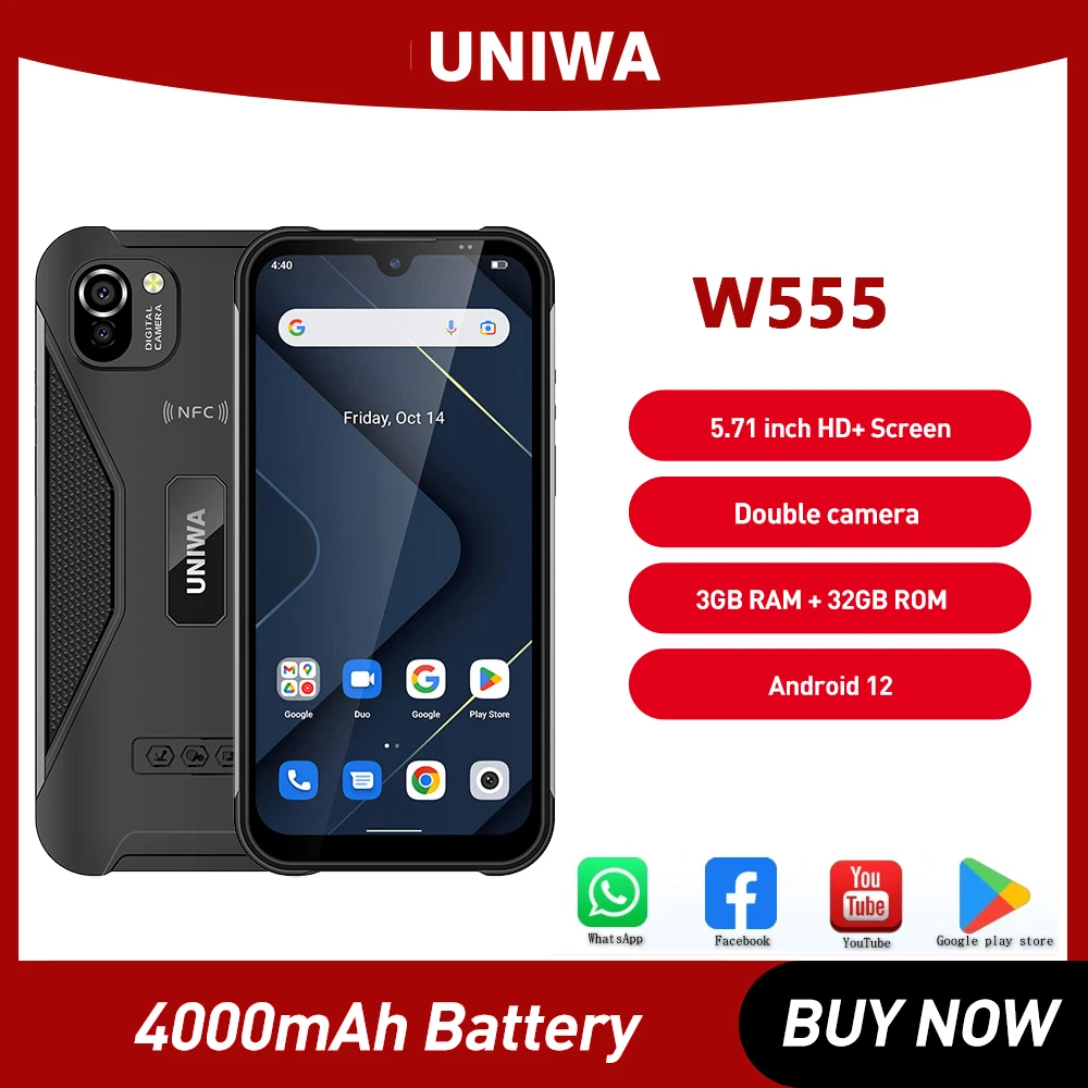 UNIWA W555 Smartphone 5,71 Zoll HD+ Wassertropfenbildschirm 3 GB + 32 GB Android 12 Globale Version Handys4G Robustes Mobiltelefon Image
