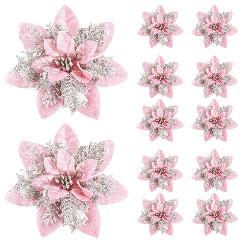 Glitter Pink Christmas Flowers Set Of , Artificial Tree Ornaments, Merry Christmas And New Year Decorations For Home gold 50pcs