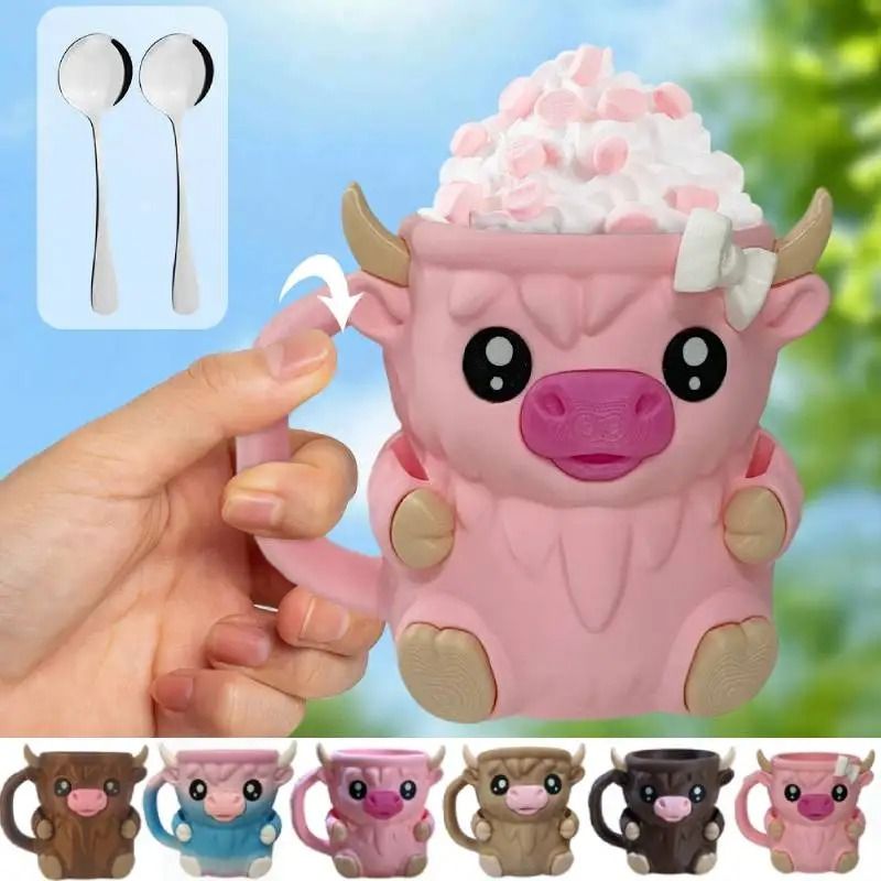 Highland Cow Ice Pint Holder With Antifreeze Handle For Ice Cream And Cold Drinks c With 2 Spoons