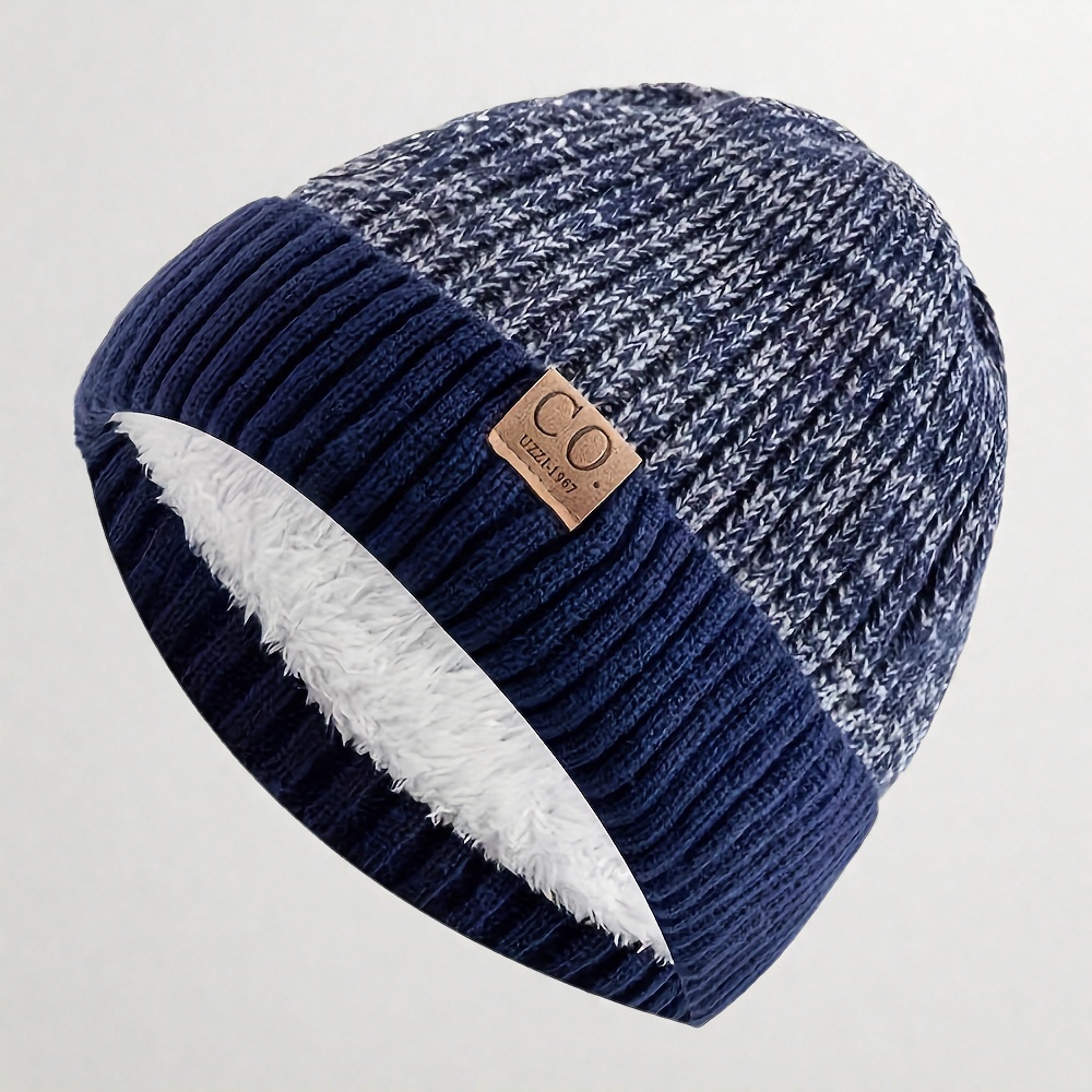 Navy Blue And White Striped Winter Hat, Leather Patch Beanie, Mens Sports Knitted Hat, Soft Warm Knit Cap grey